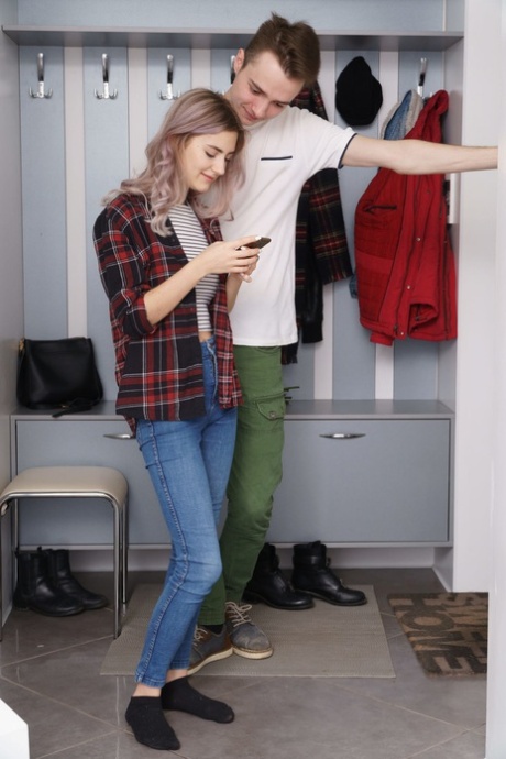 Cute slim teen Eva Elfie exposes her big tits and gets rammed on a chair